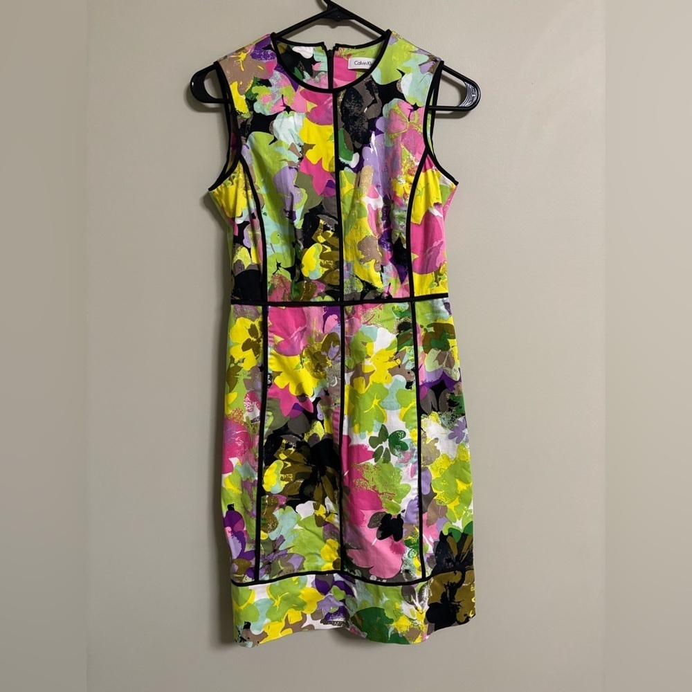 Calvin Klein Watercolor Floral Sleeveless Sheath Dress Size 4 Small Colorful